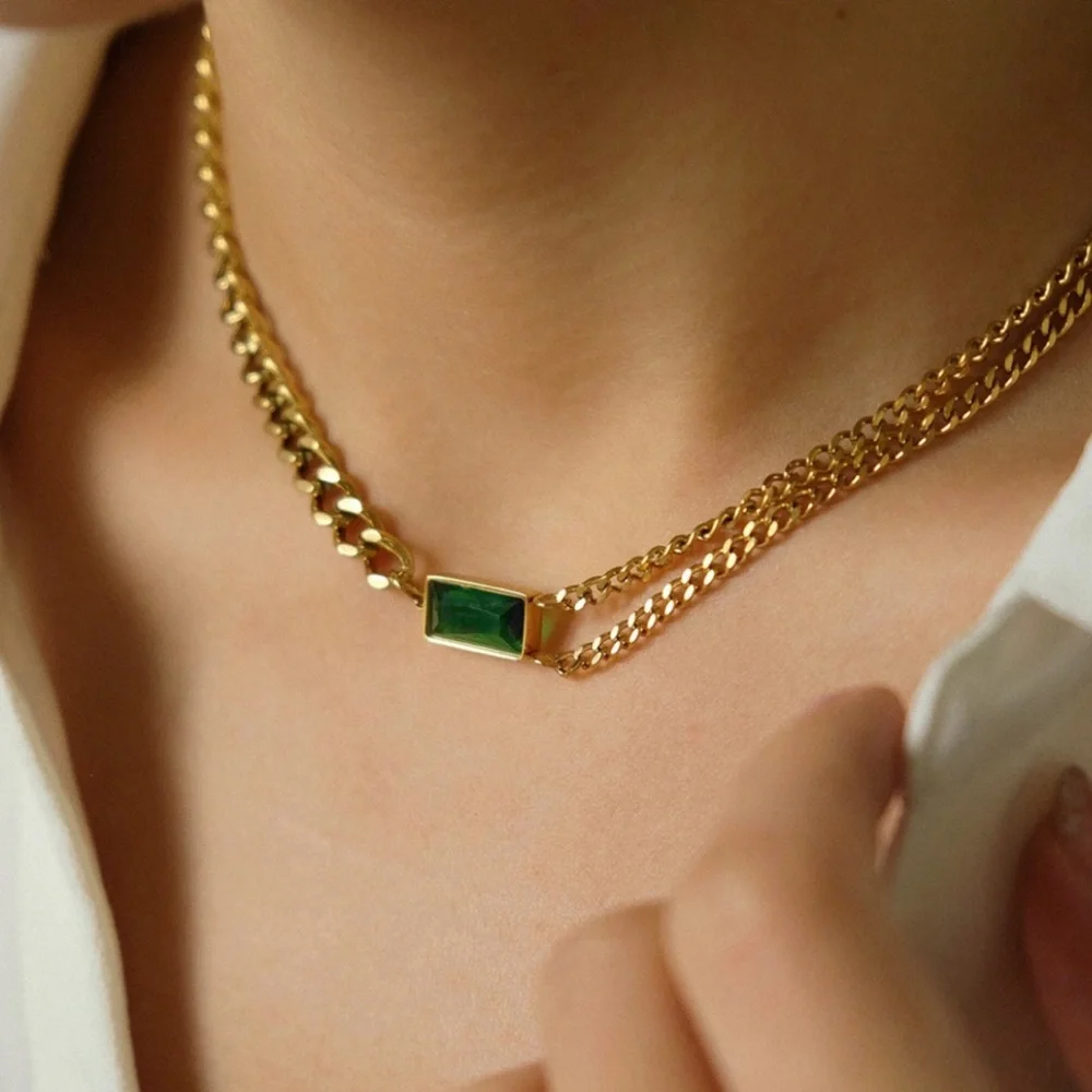 Green Zirconia Curb Mix Chain Necklace | Gold Plated Stainless Steel Necklace - Picture 1 of 3